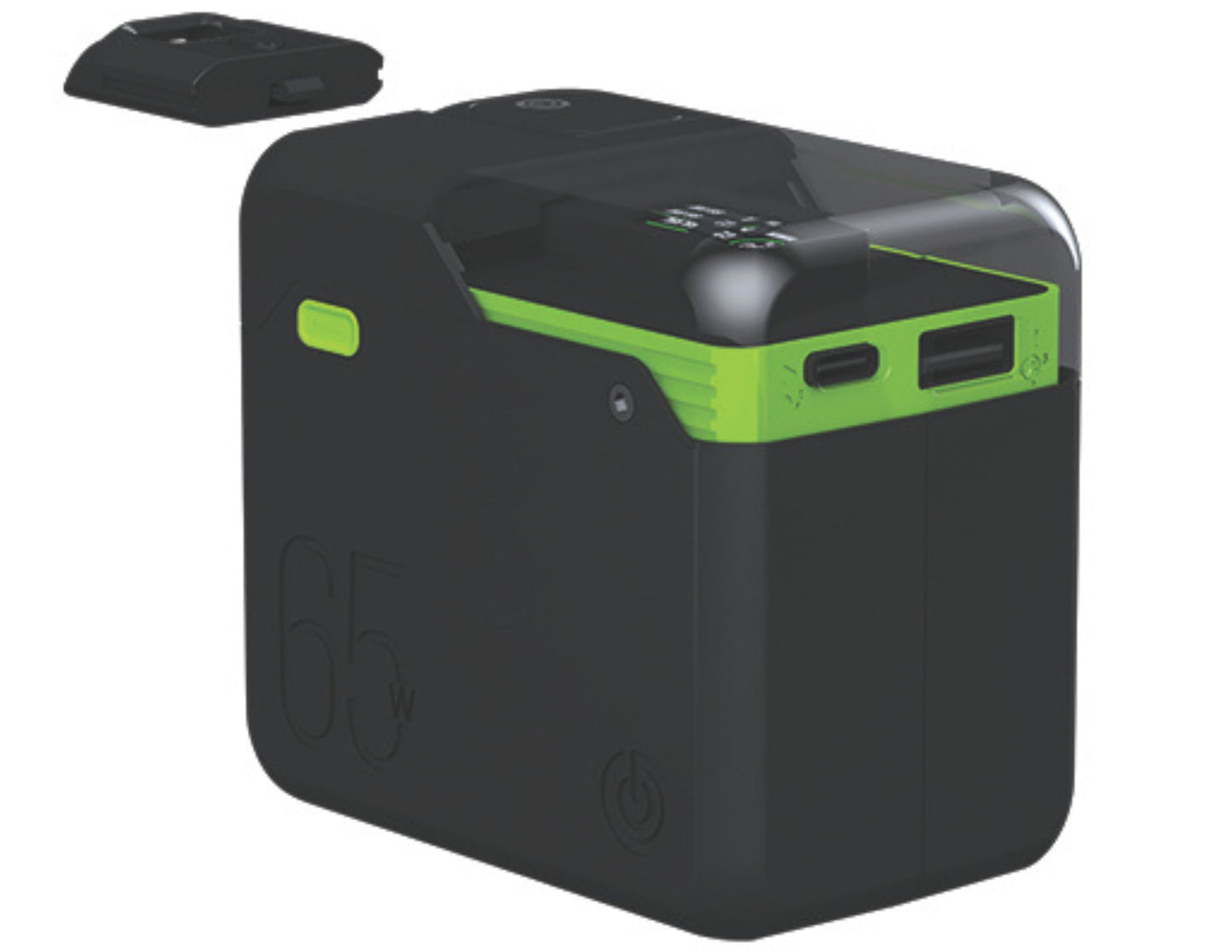 Black and green electronic device on a white background