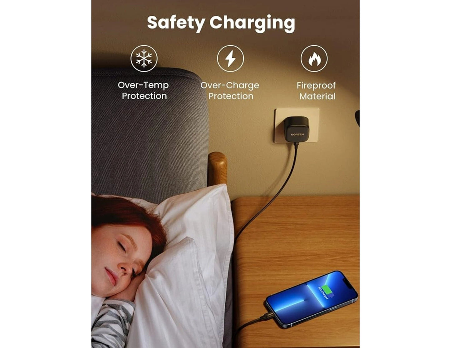 Person sleeping on a bed with a smartphone charging on a nightstand, emphasizing safety features.