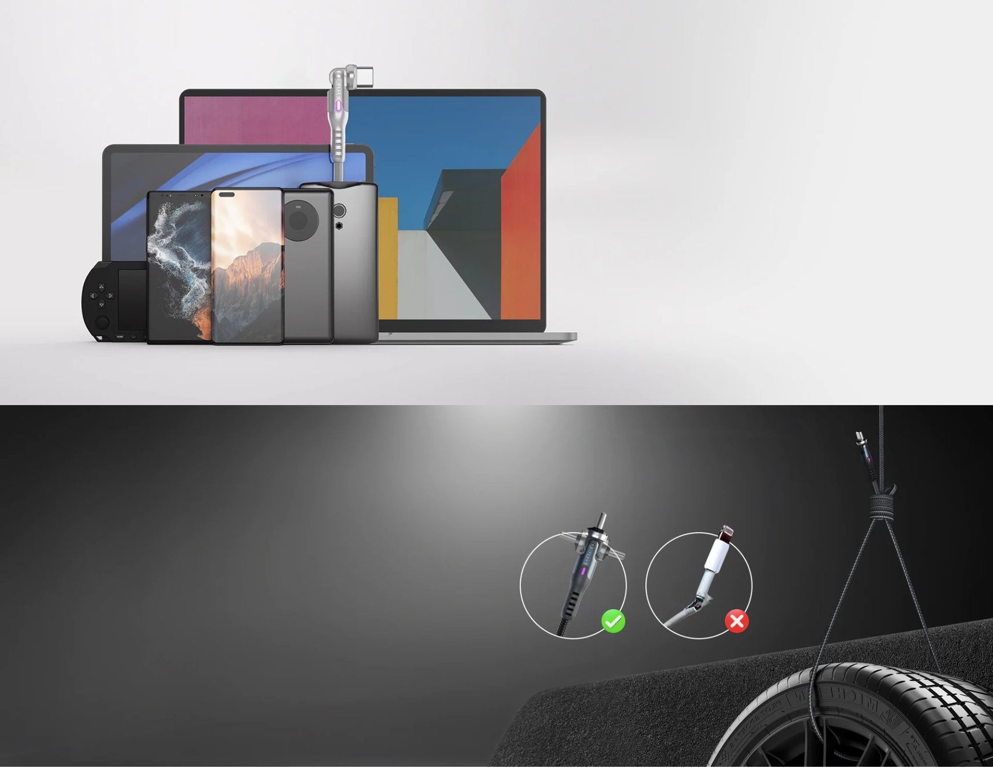 Top section with electronic devices and a laptop, bottom section with a car tire and valve.