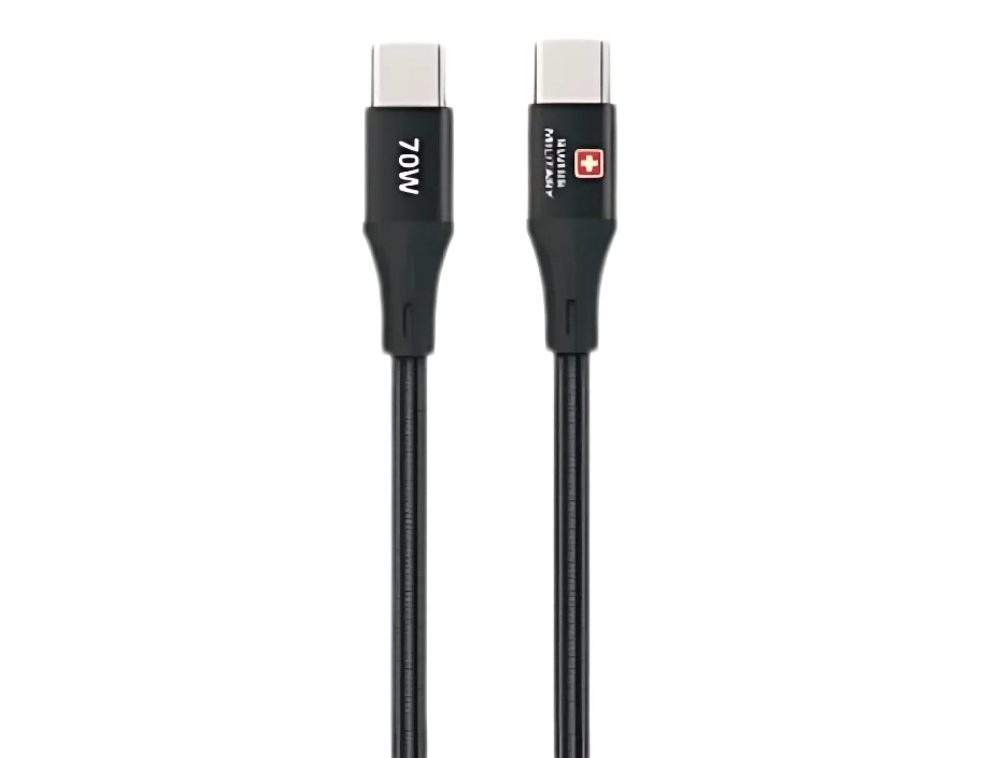 Black USB-C cable with connectors on a white background
