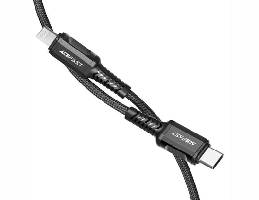 Black braided cable with USB-C and Lightning connectors on a white background