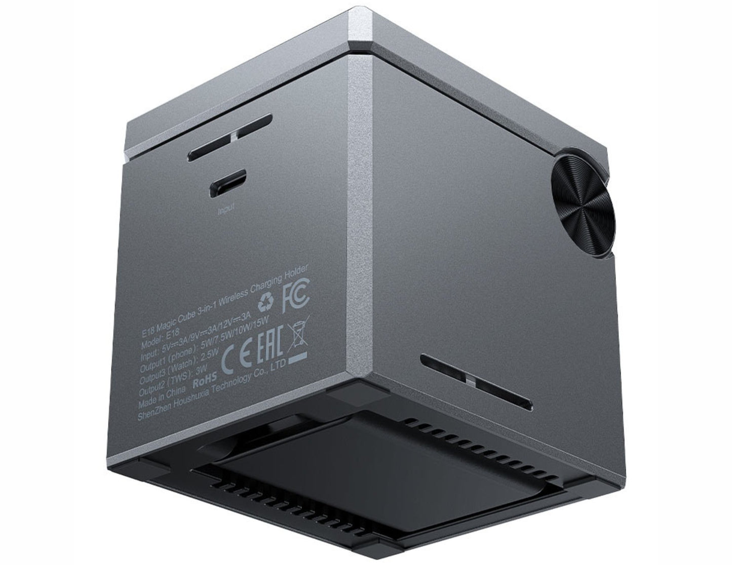 Gray electronic device with ventilation and branding on a white background