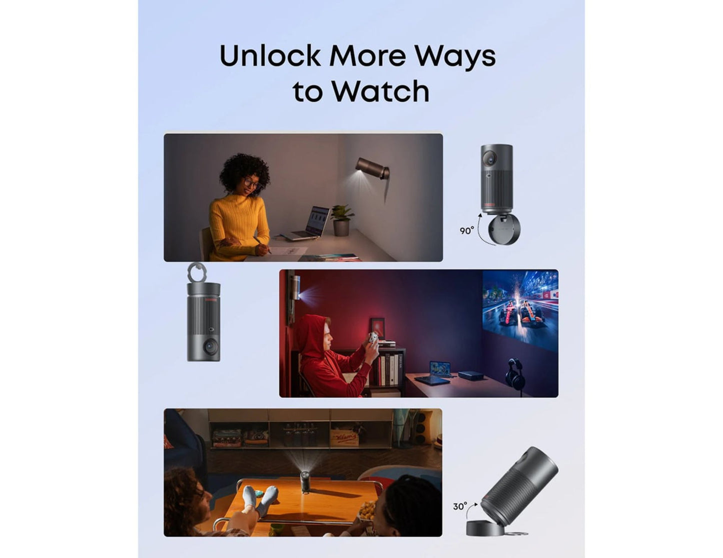 Advertisement for Anker Nebula Capsule Air (D4112211) HD Portable Projector with text 'Unlock More Ways to Watch' and images of people using the product in various settings.