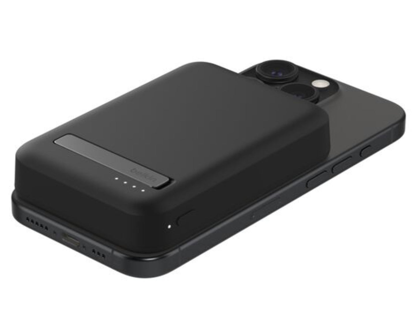 Belkin BoostCharge Pro Magnetic Wireless Power Bank 15W 8K+ BPD007btBK attached to a smartphone on a white background