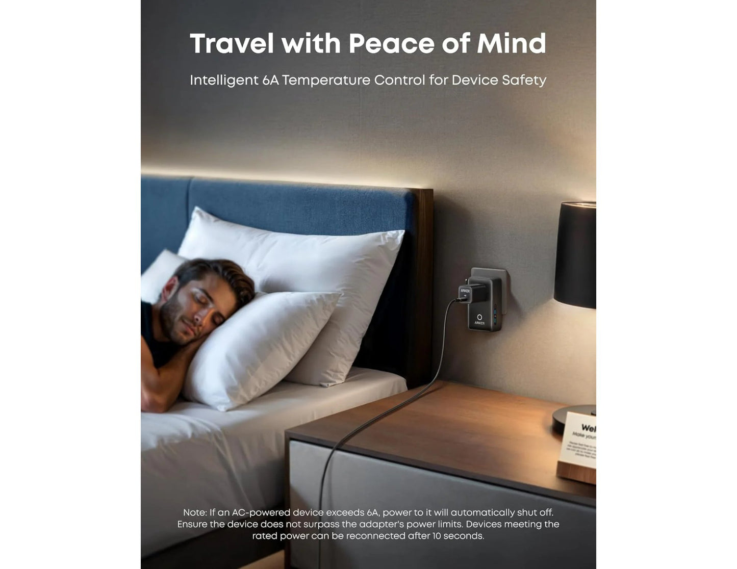 Advertisement for a Anker Nano 5-in-1 20W Travel Adapter A9215311 with temperature control feature, showing a person in bed.