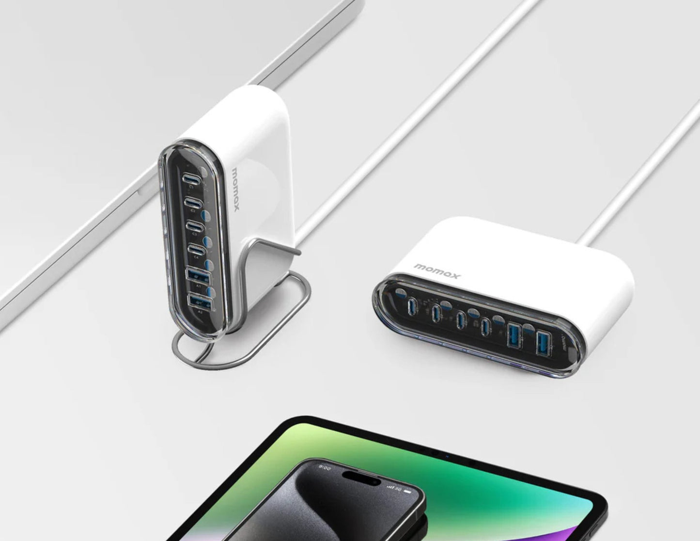 شاحن سطح المكتب Momax 1-Charge Flow+ بستة منافذ GaN بقوة 120 واط (UM55UKW)