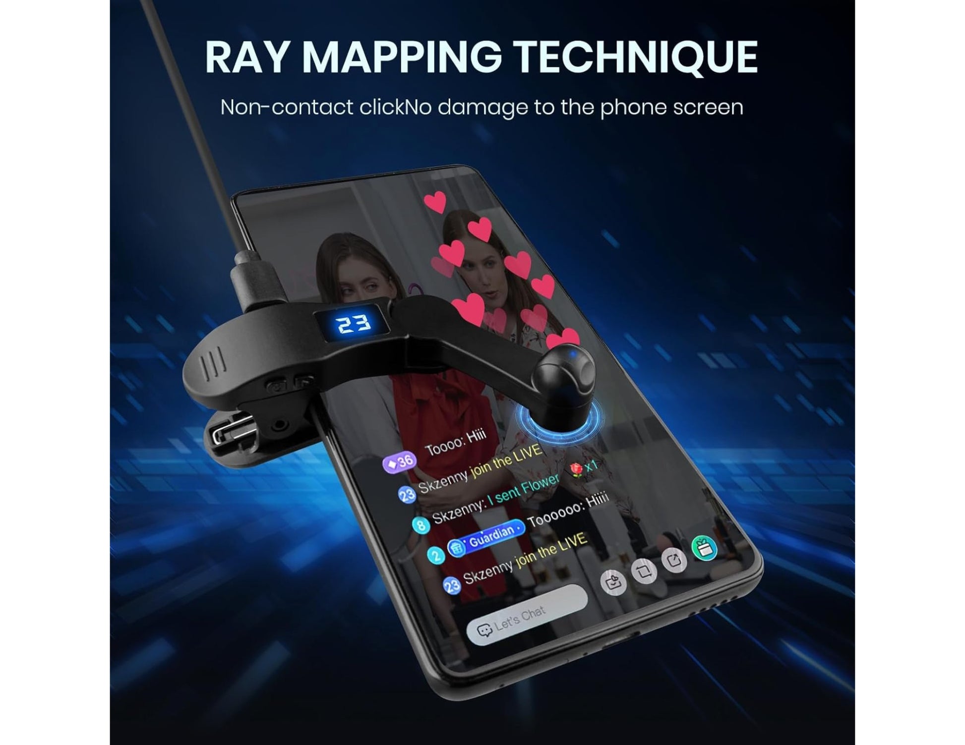 Phone with a screen displaying a chat interface, held by a device labeled 'Ray Mapping Technique' on a dark blue background.