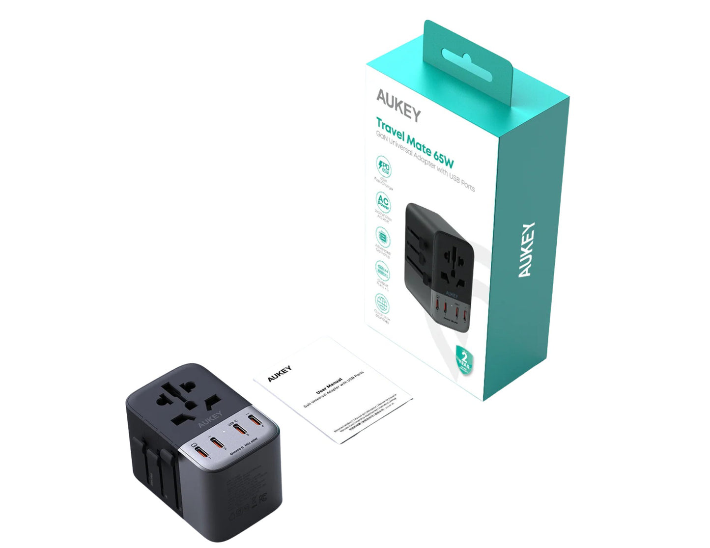 Black travel adapter with AUKEY packaging on a white background