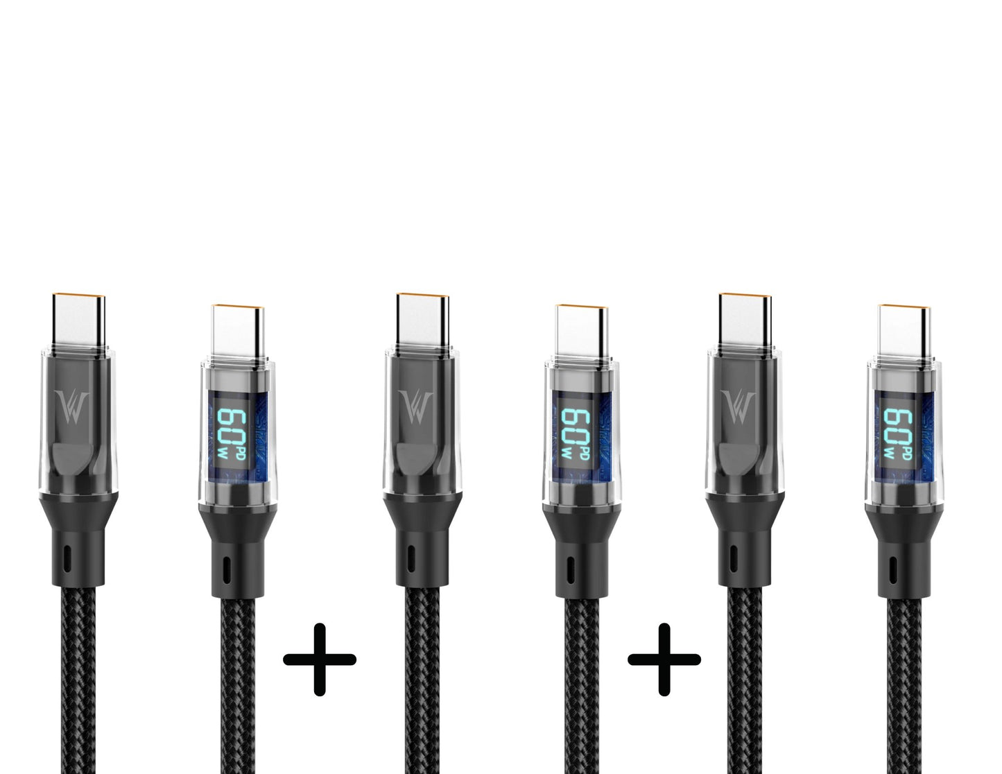 Set of six USB Type-C cables with digital displays on a white background