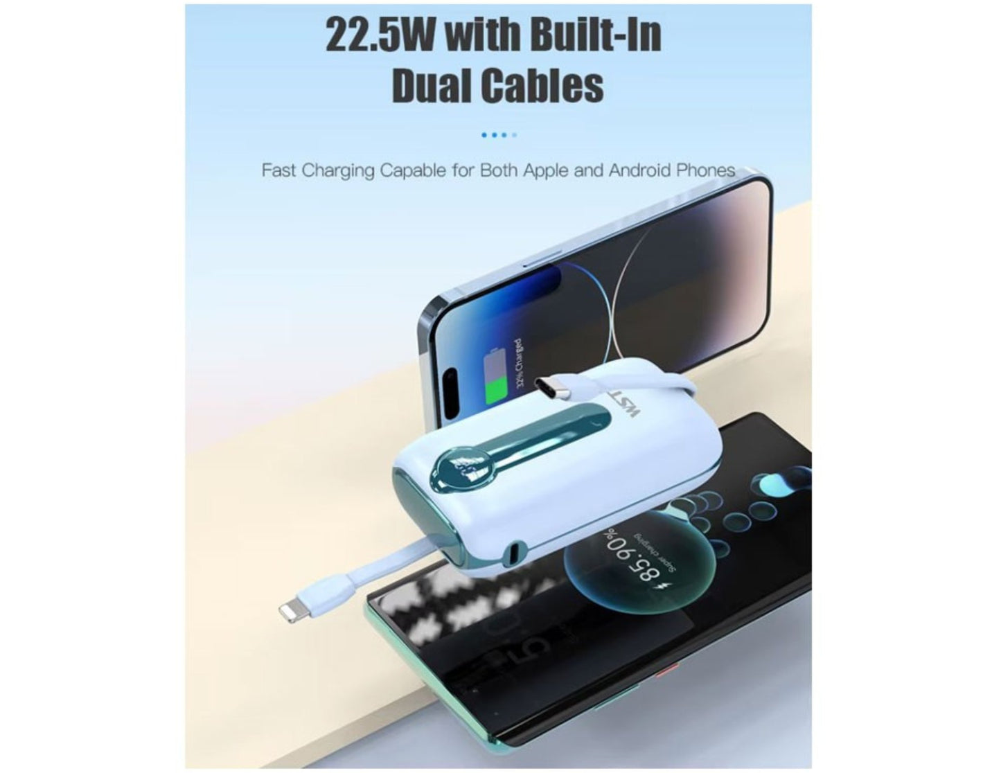 Charger with built-in dual cables charging a smartphone.
