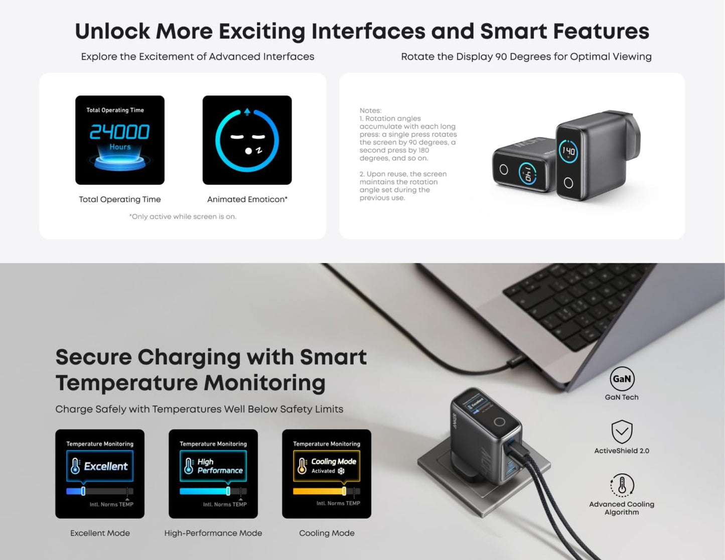شاحن Anker GaN للكمبيوتر المحمول بقوة 140 واط و4 منافذ مع كابل USB-C وشاشة ذكية (B2697KZ1)