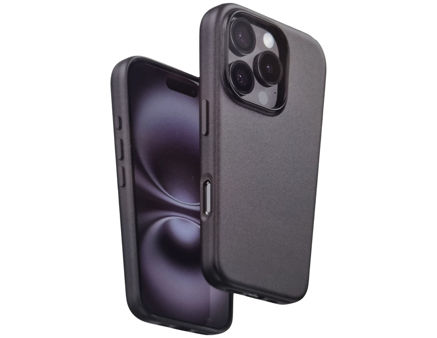 Black phone case with a textured finish on a white background