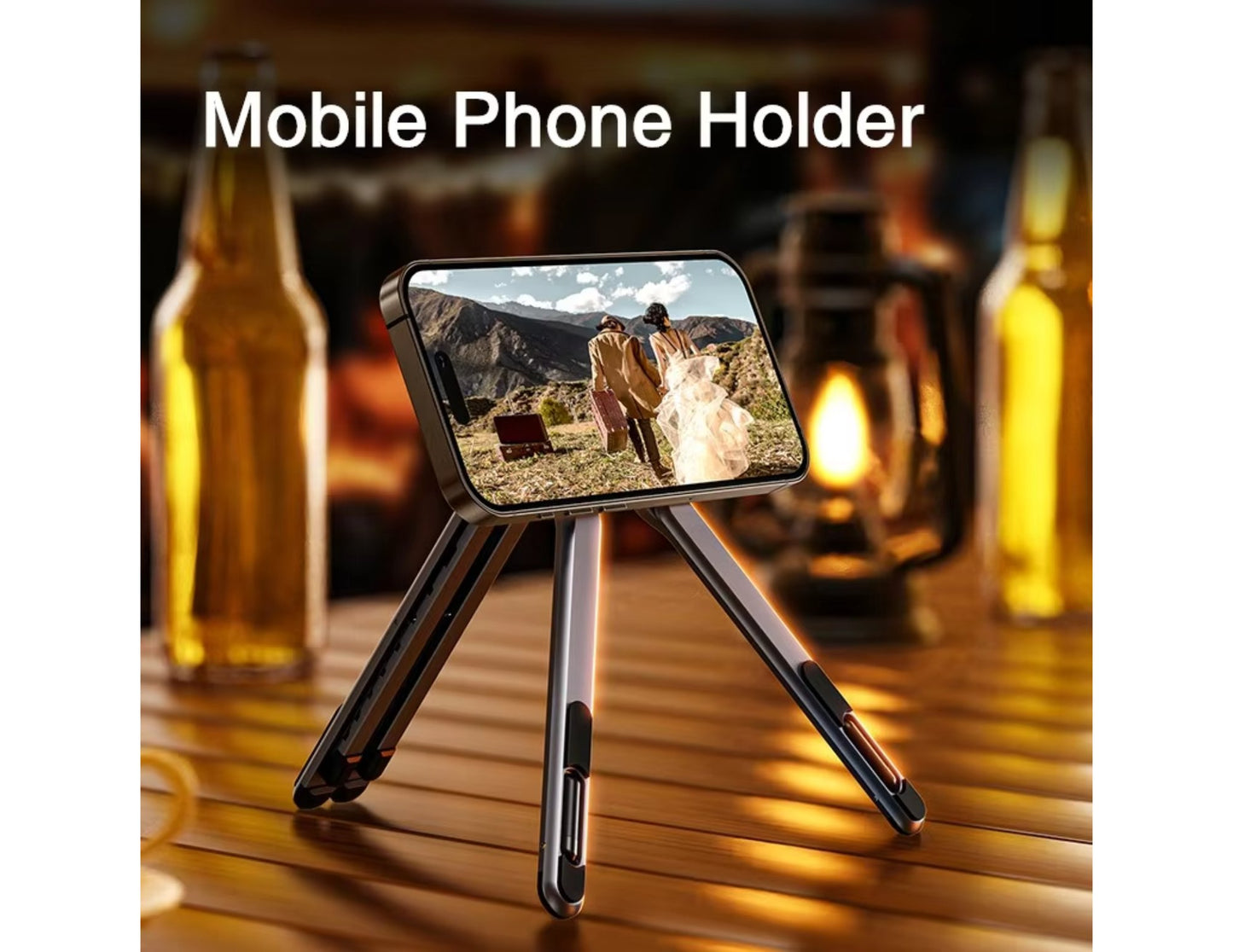 E05 Multi-purpose Travel Portable Stand (5-in-1, Magnetic, Waterproof) displaying a scenic view on a wooden table with bottles and candles in the background.
