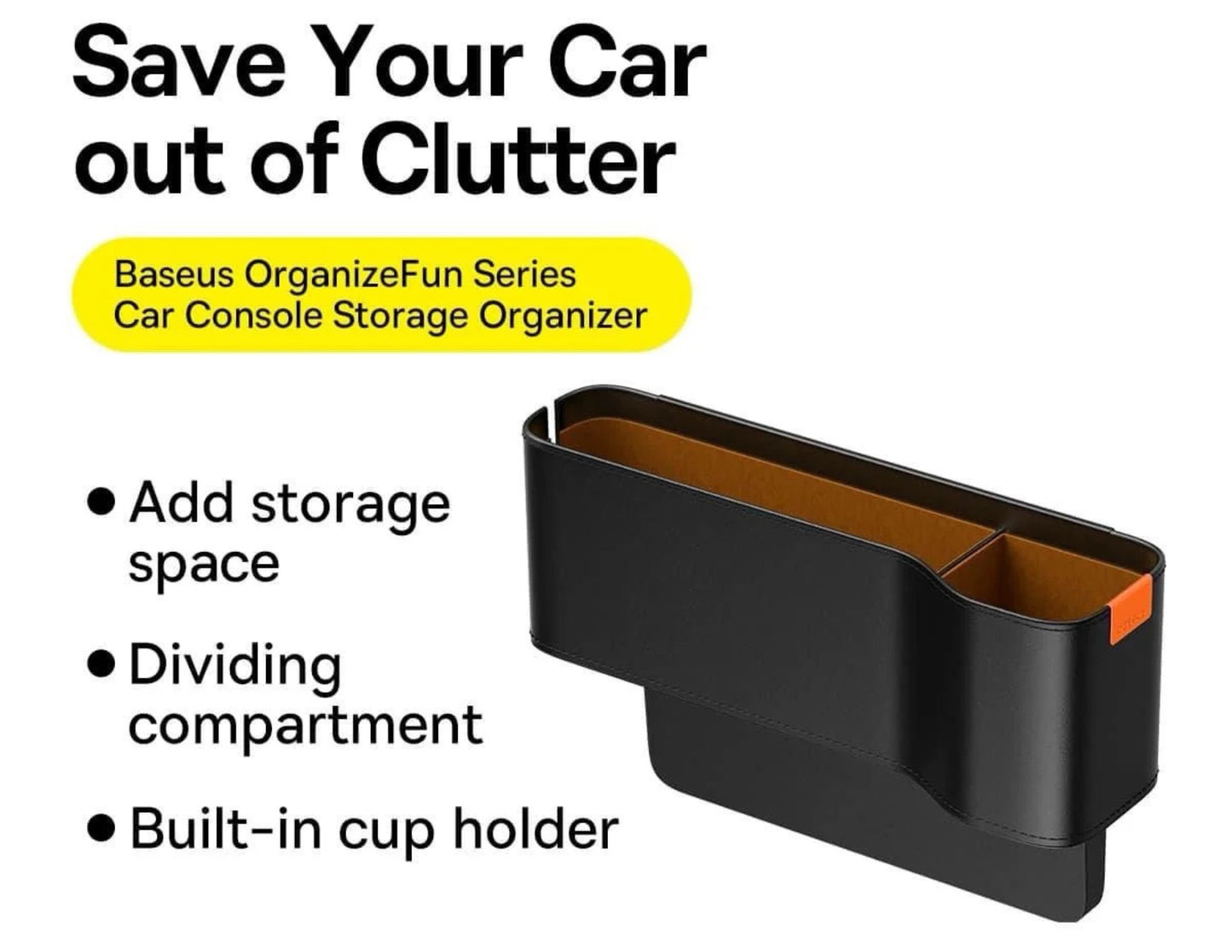 Car console storage organizer with text highlighting features on a white background