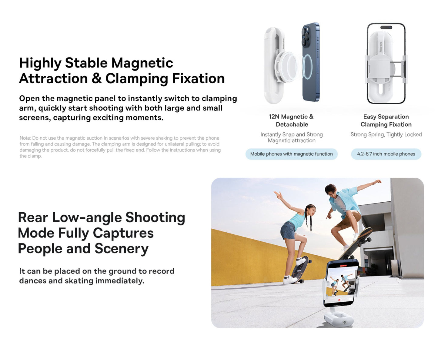 Product advertisement for a magnetic phone holder with text on stability and usage.