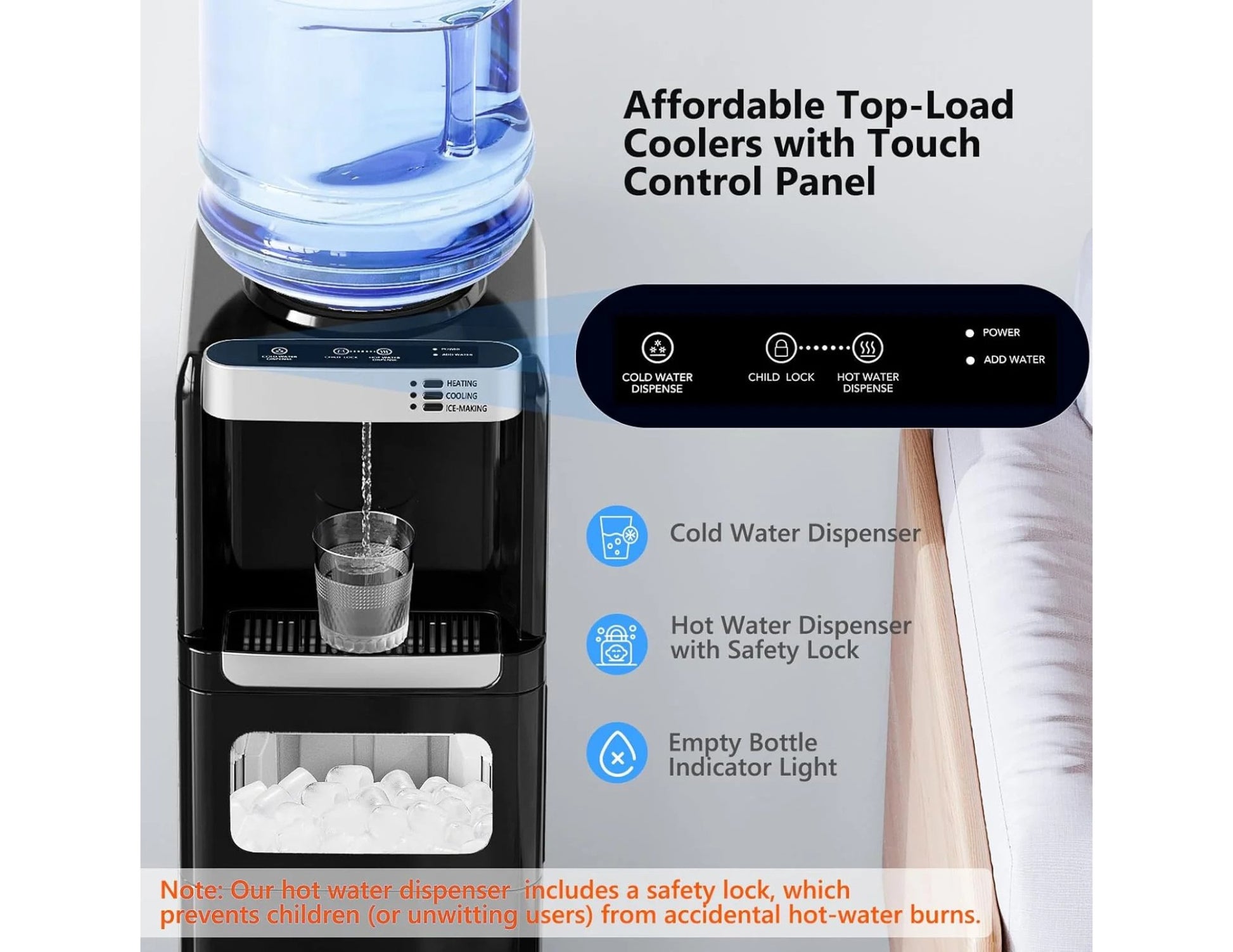Water cooler with touch control panel and features listed on a white background