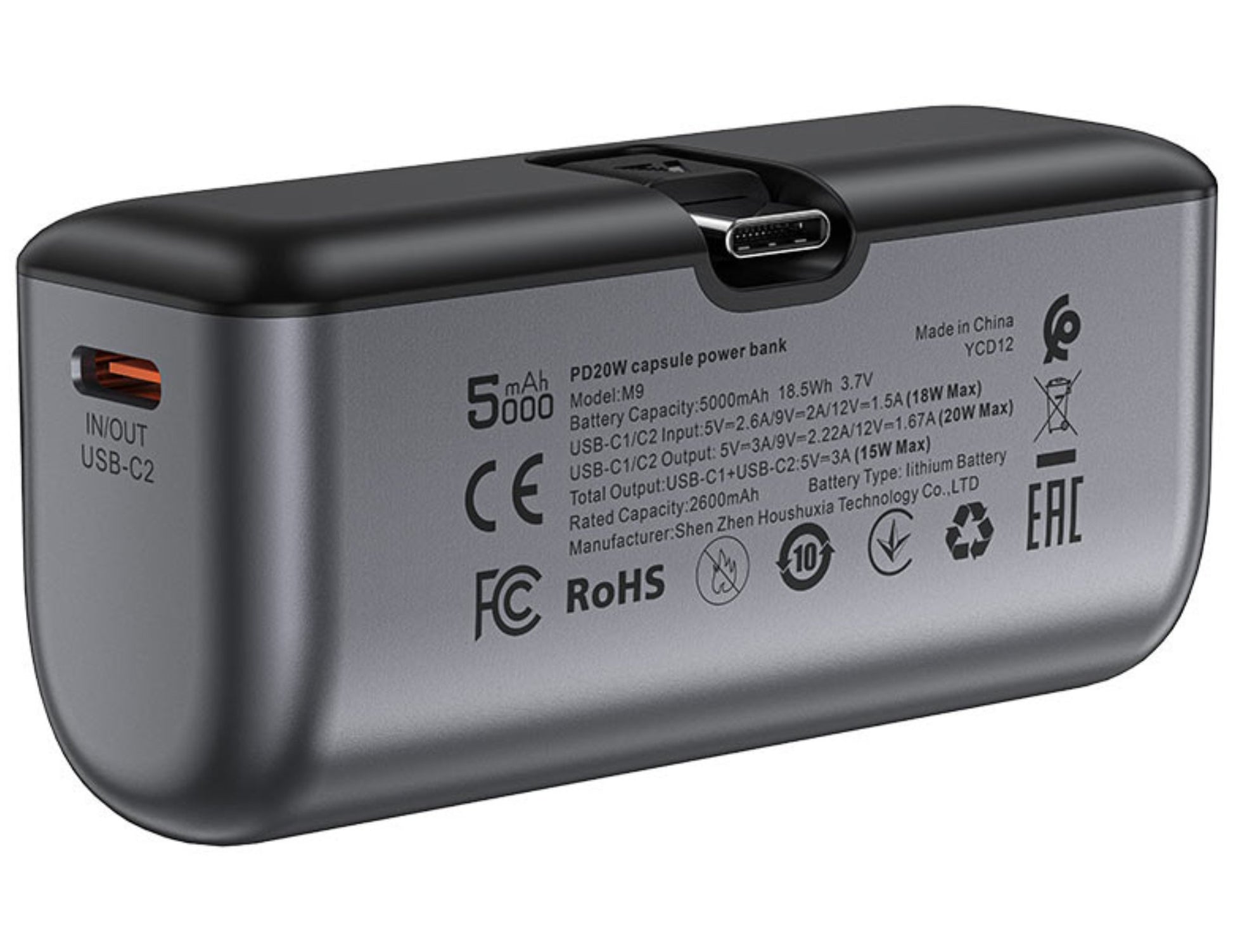 Black and gray power bank with USB-C and micro-USB ports on a white background