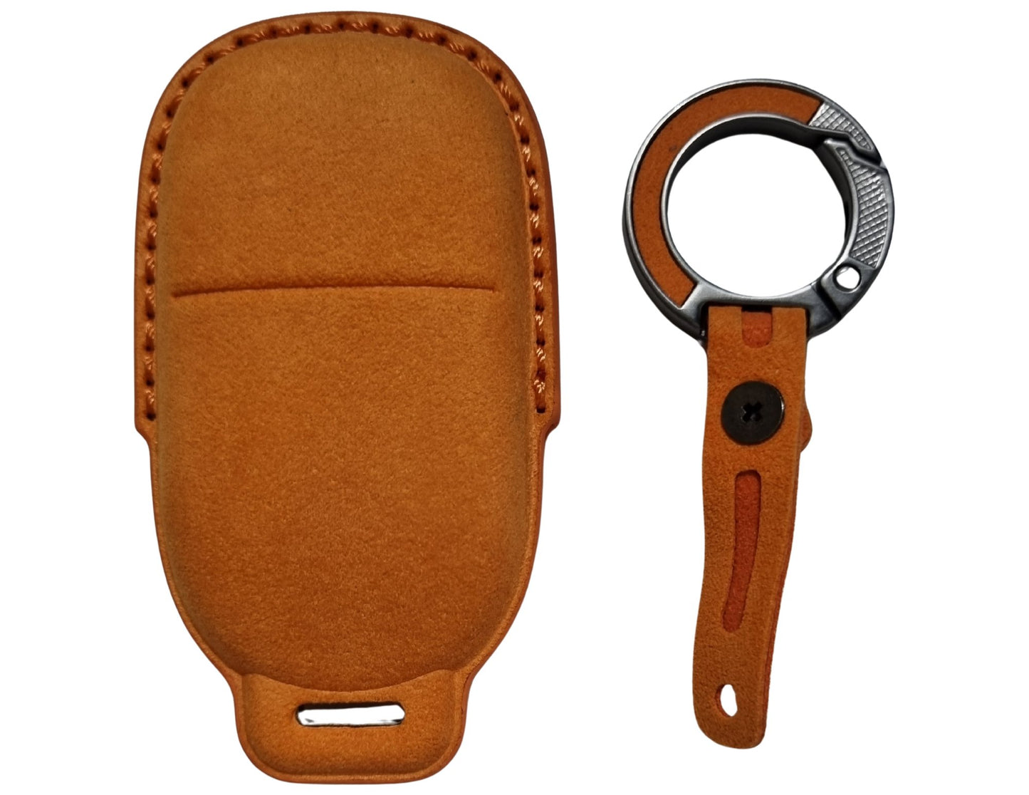 Brown Car Key Cover for Rox 01 – Alcantara or Leathere with a keychain attachment on a white background