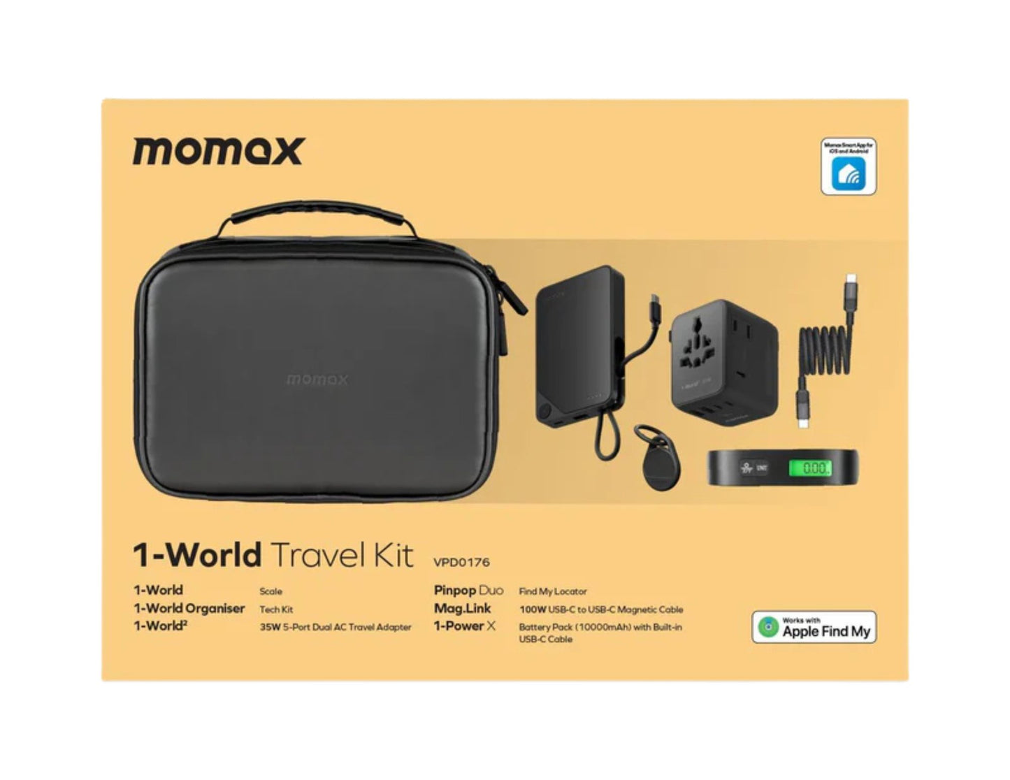 Momax 1-World Travel Kit packaging with travel case and accessories on a yellow background