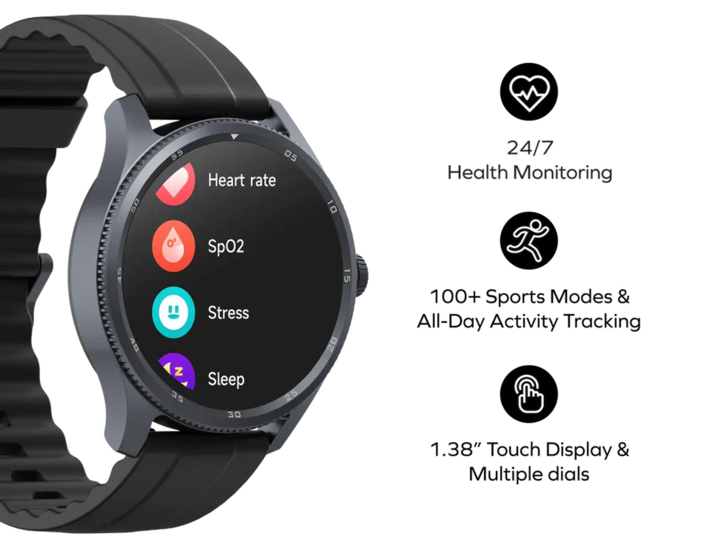 Smartwatch with a black band on a white background, displaying health monitoring features.