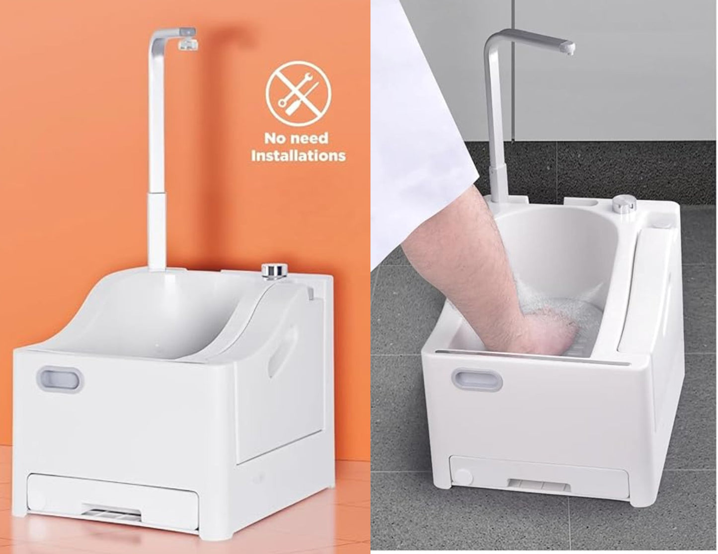 Portable electric wudu machine shown in use for foot washing with an orange and white color scheme, highlighting its tool-free, no installation required feature.