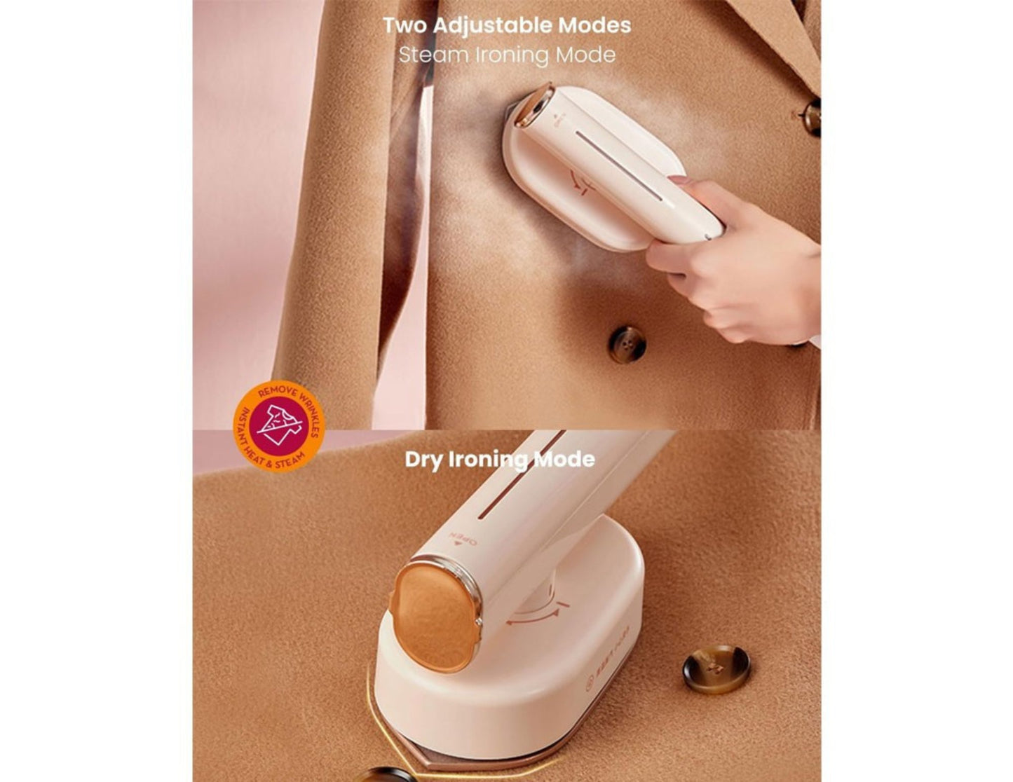 Moxedo 2-in-1 Dynamic Steam Flat Iron MX-DF1011 being used on a coat with text indicating two adjustable modes.