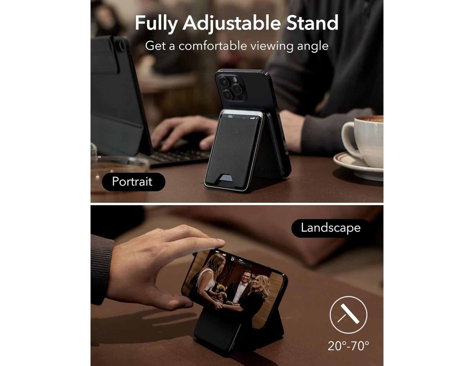 ESR HaloLock Power Bank Wallet 5000mAh with Stand – Black with adjustable angles on a desk setup, showing portrait and landscape modes.