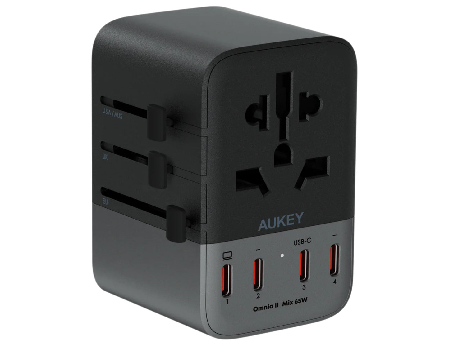 AUKEY travel adapter with multiple ports on a white background