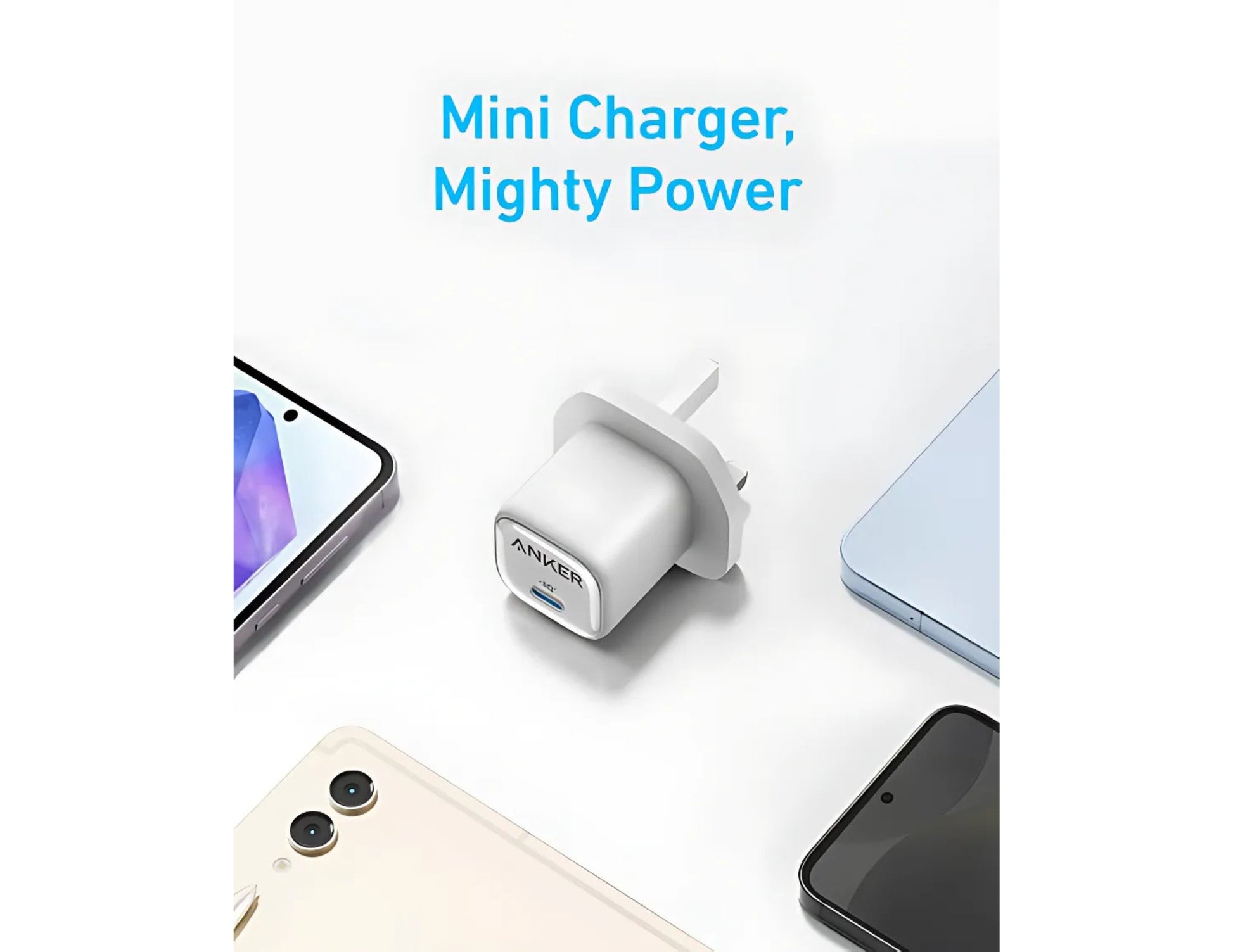 Mini charger with smartphone on a white background, featuring the brand 'Anker'.