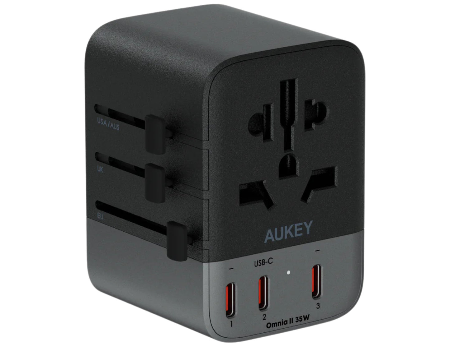 Black travel adapter with multiple ports on a white background