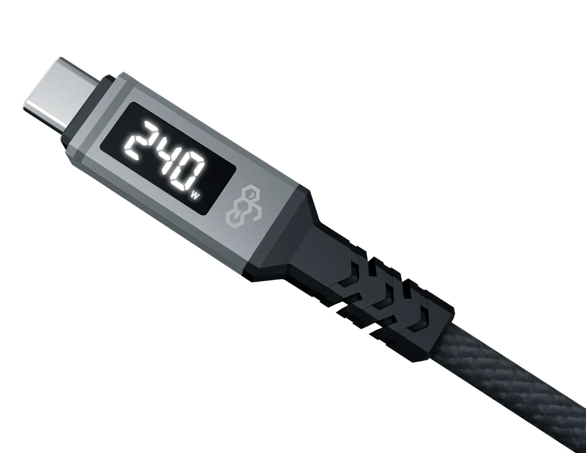 Black USB cable with digital display on a white background