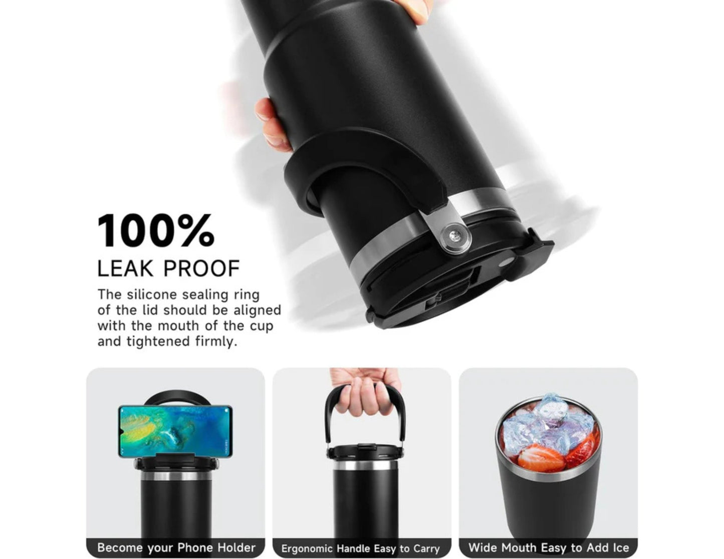 Leak-proof cup with various uses and features highlighted on a white background