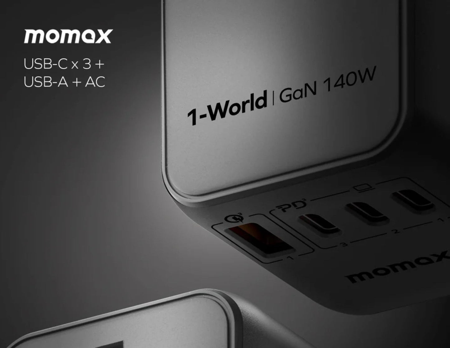 Momax 1-World Universal 4-Port Travel GaN Charger 140W + USB-C Cable (UA16UKGSD)