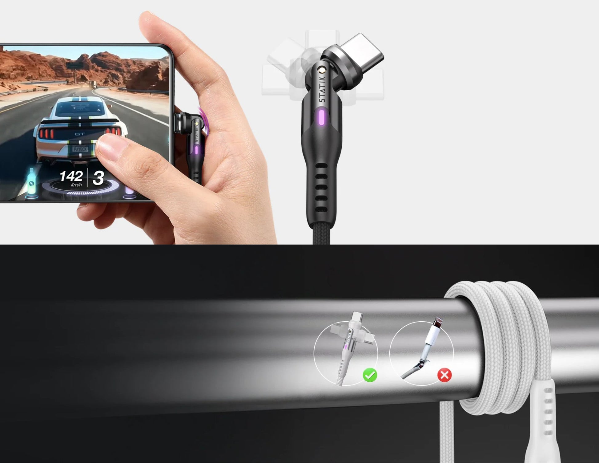 Hand holding a smartphone with a car game displayed, next to a black and white camera device on a white background.