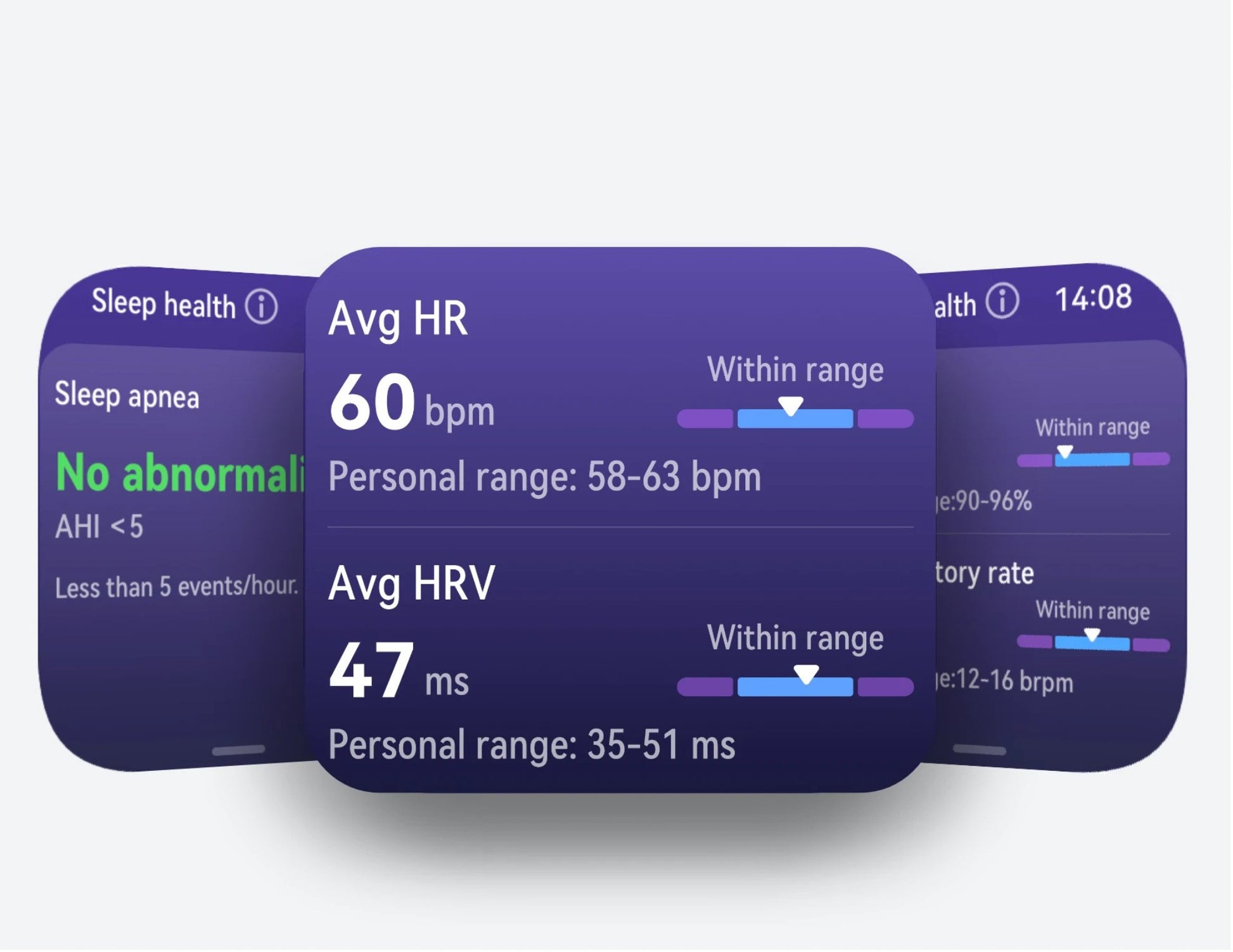 Three smartwatch screens displaying health metrics on a white background
