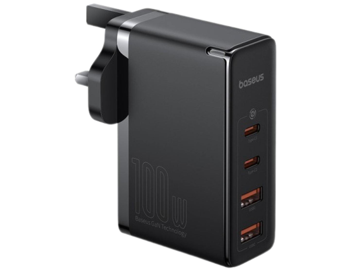 شاحن سريع Baseus GaN5 Pro بقوة ١٠٠ واط وأربعة منافذ P10110829113-00 | قابس المملكة المتحدة + كابل من النوع C بقوة ١٠٠ واط (١ متر) - أسود