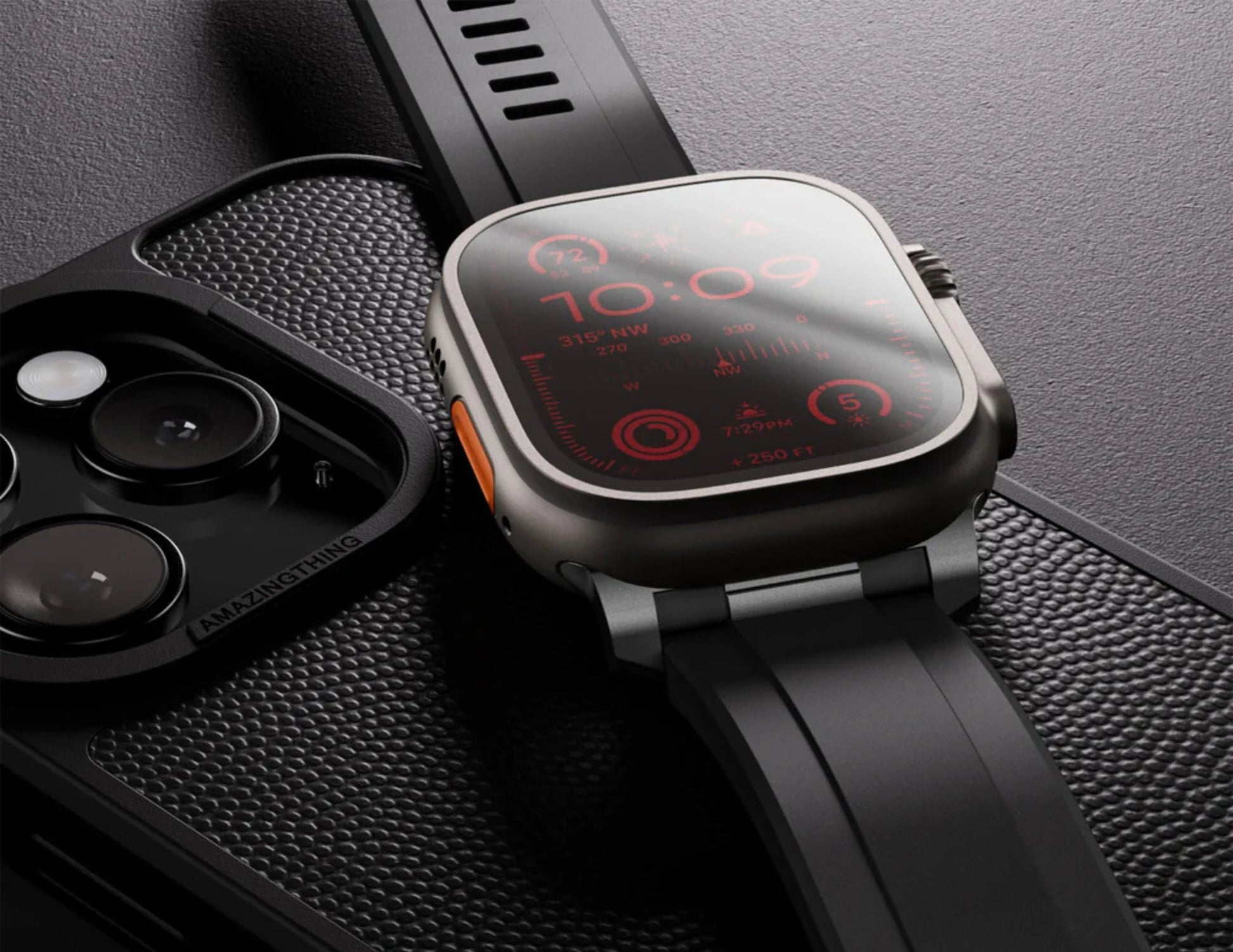 AmazingThing Titan Chrono Apple Watch Band for Apple Watch 49/46/45 – TRX46GB / TRX46SB with a black strap on a textured surface