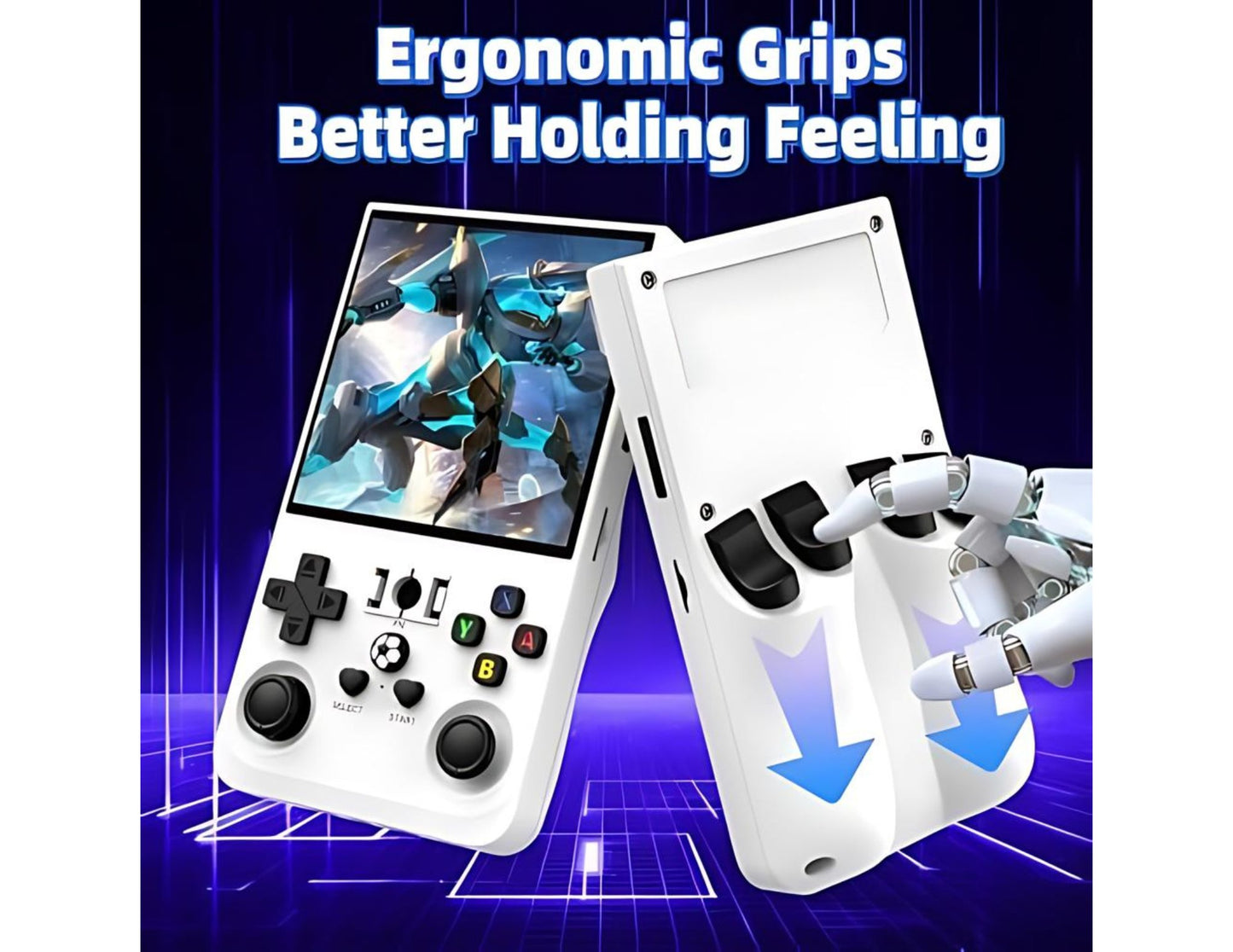 Handheld gaming console with ergonomic grips on a blue grid background