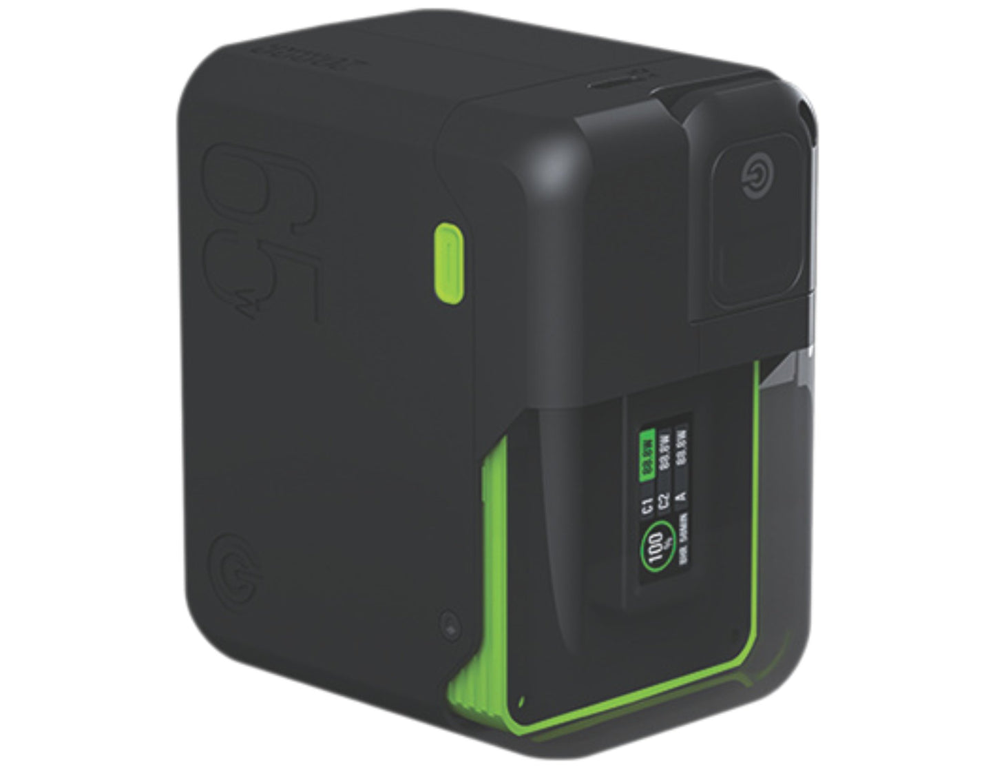 Black and green battery pack with digital display on a white background
