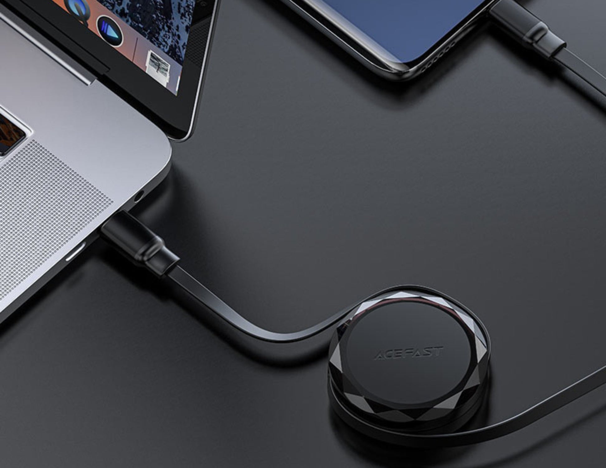 Black USB-C cable with a round connector on a dark surface