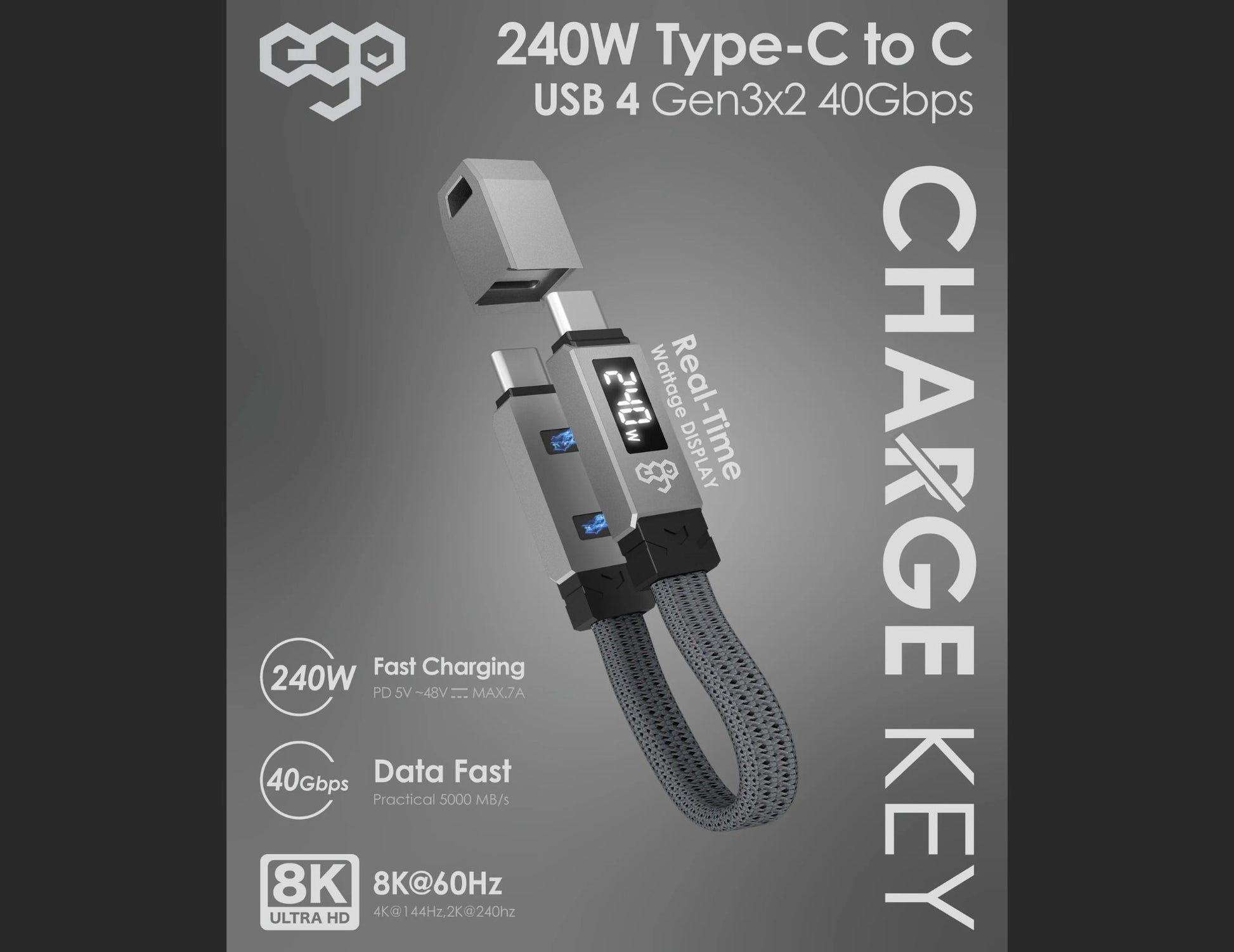 240W Type-C to C USB 4 Gen3x2 40Gbps charging key on a gray background