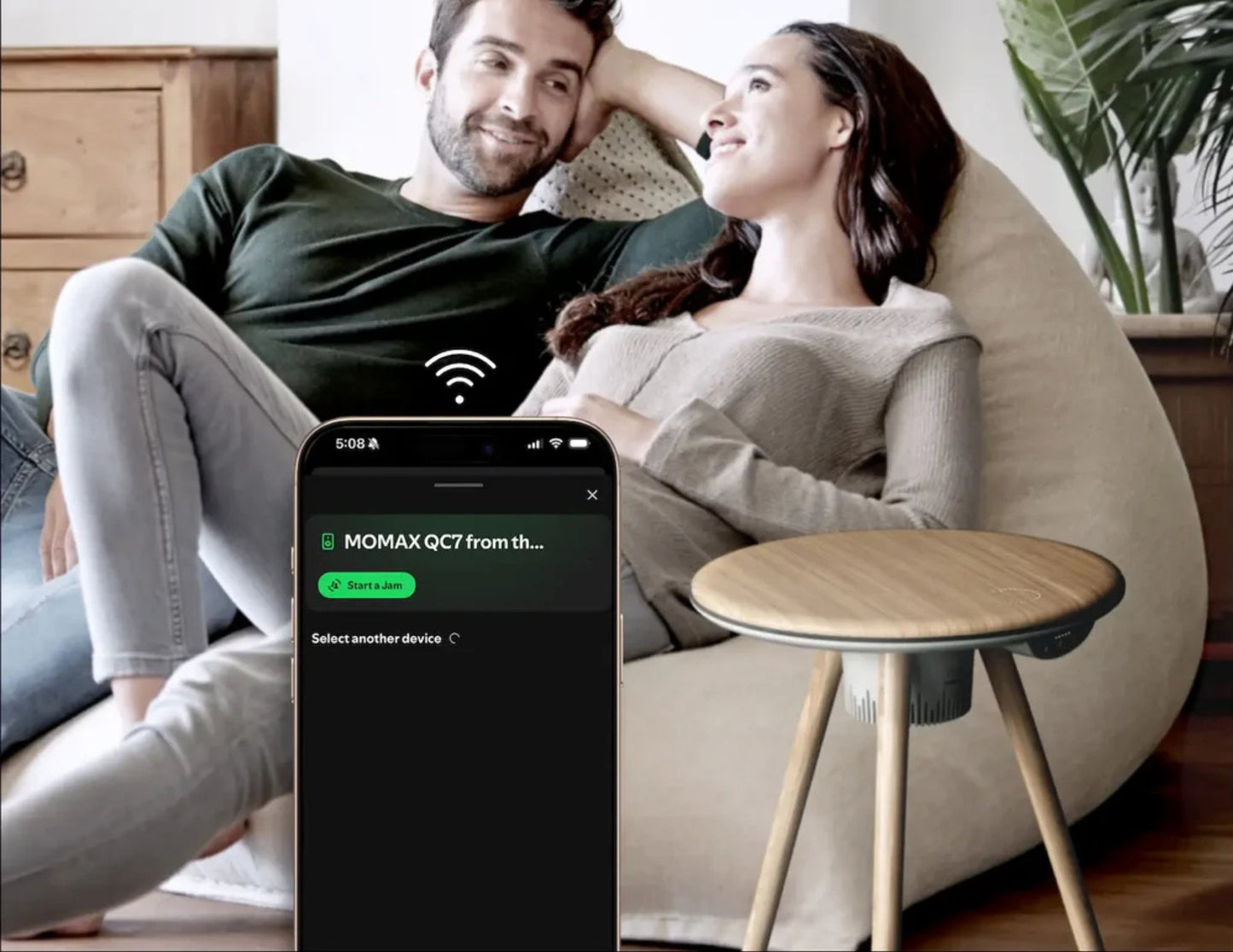 Momax Cymbal QC7W Smart Foldable Table – Wireless Charging, Speakers, LED Lights
