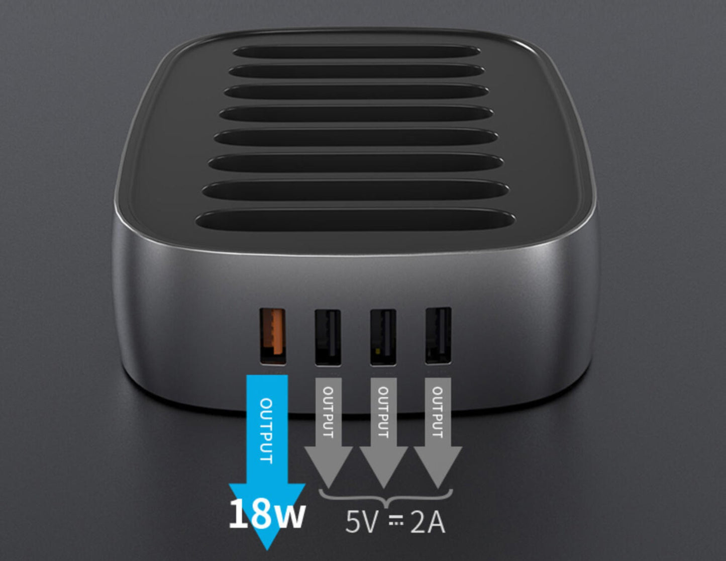 Black power adapter with multiple output ports on a dark background