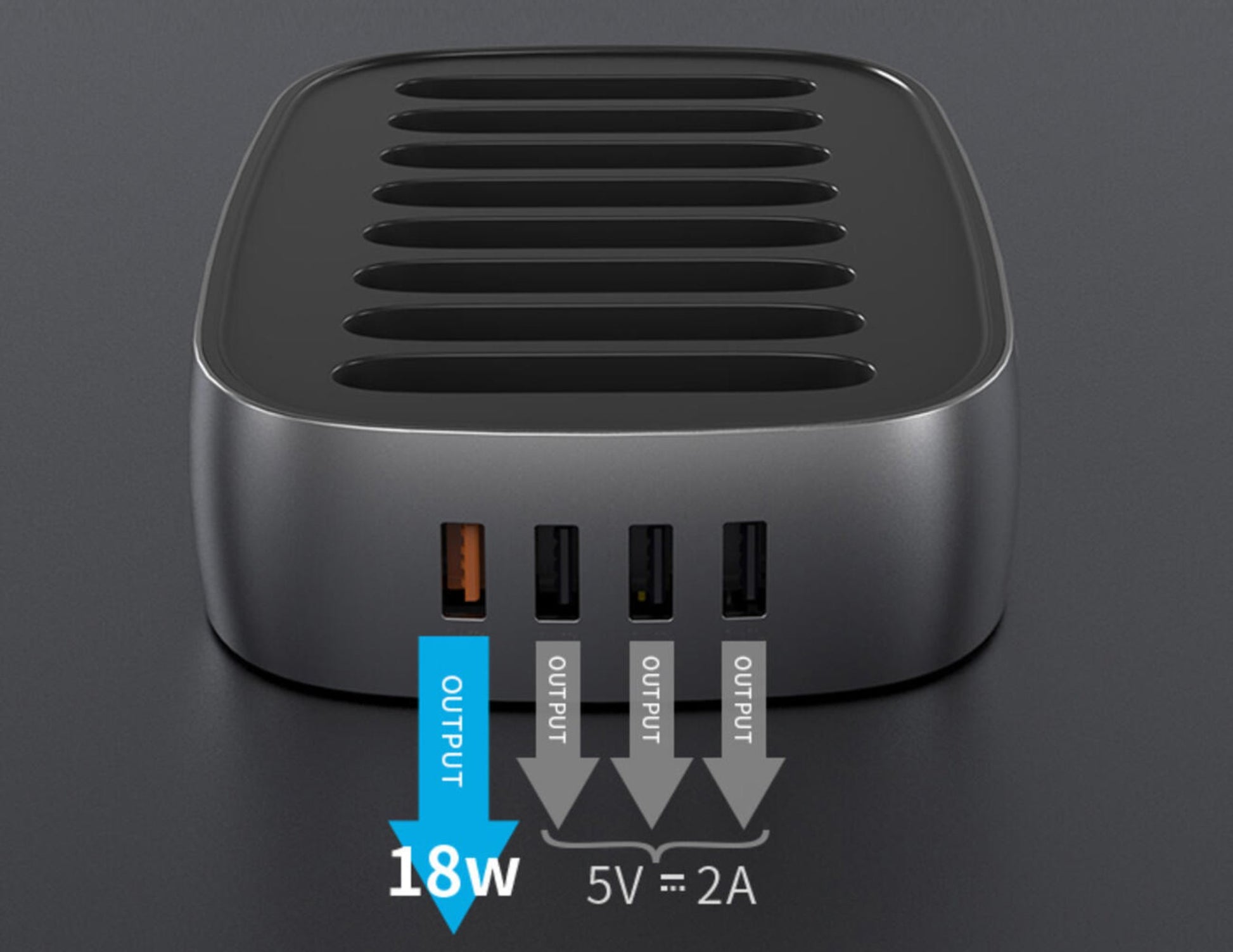 Black power adapter with multiple output ports on a dark background