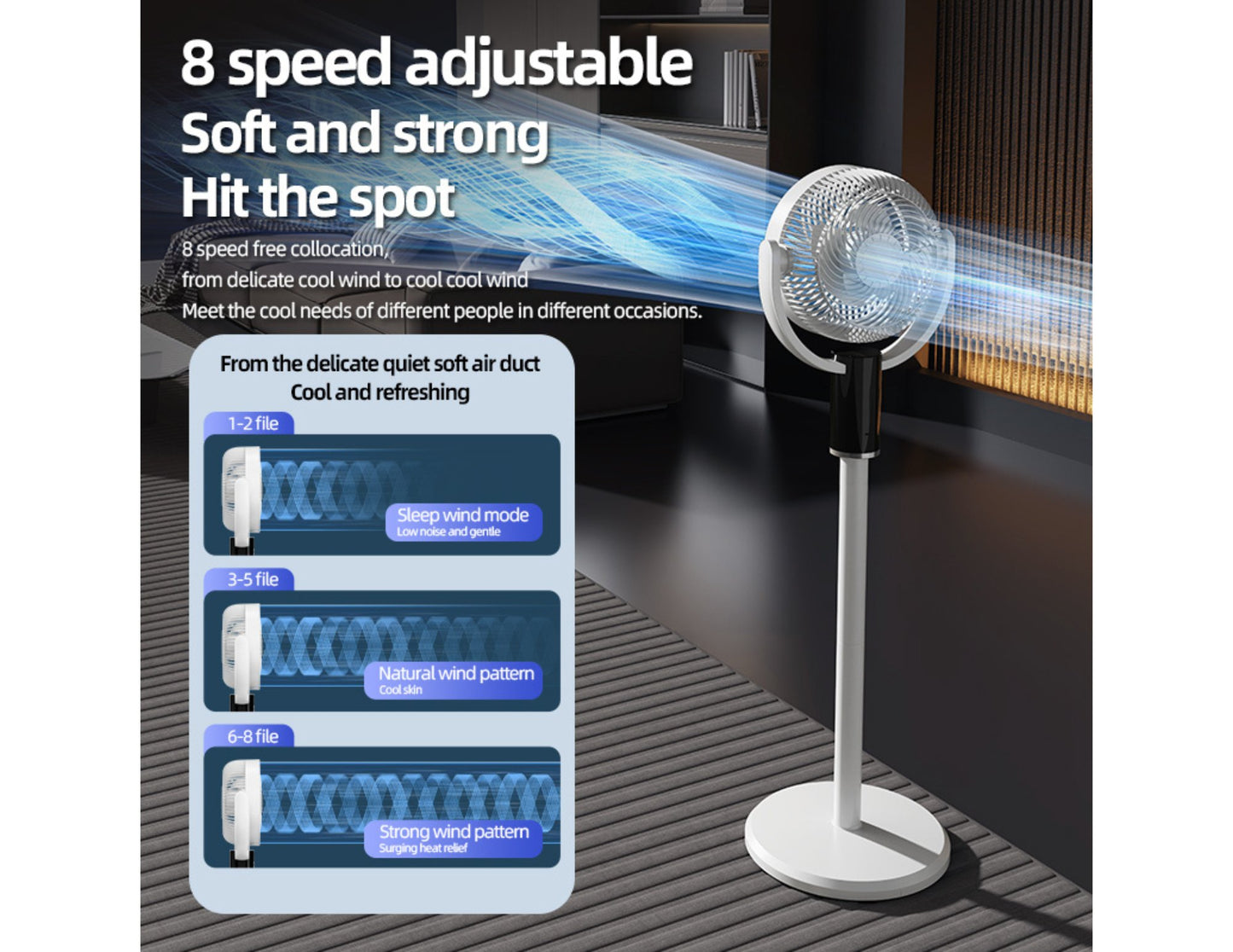 Stand fan with speed control display on a dark surface
