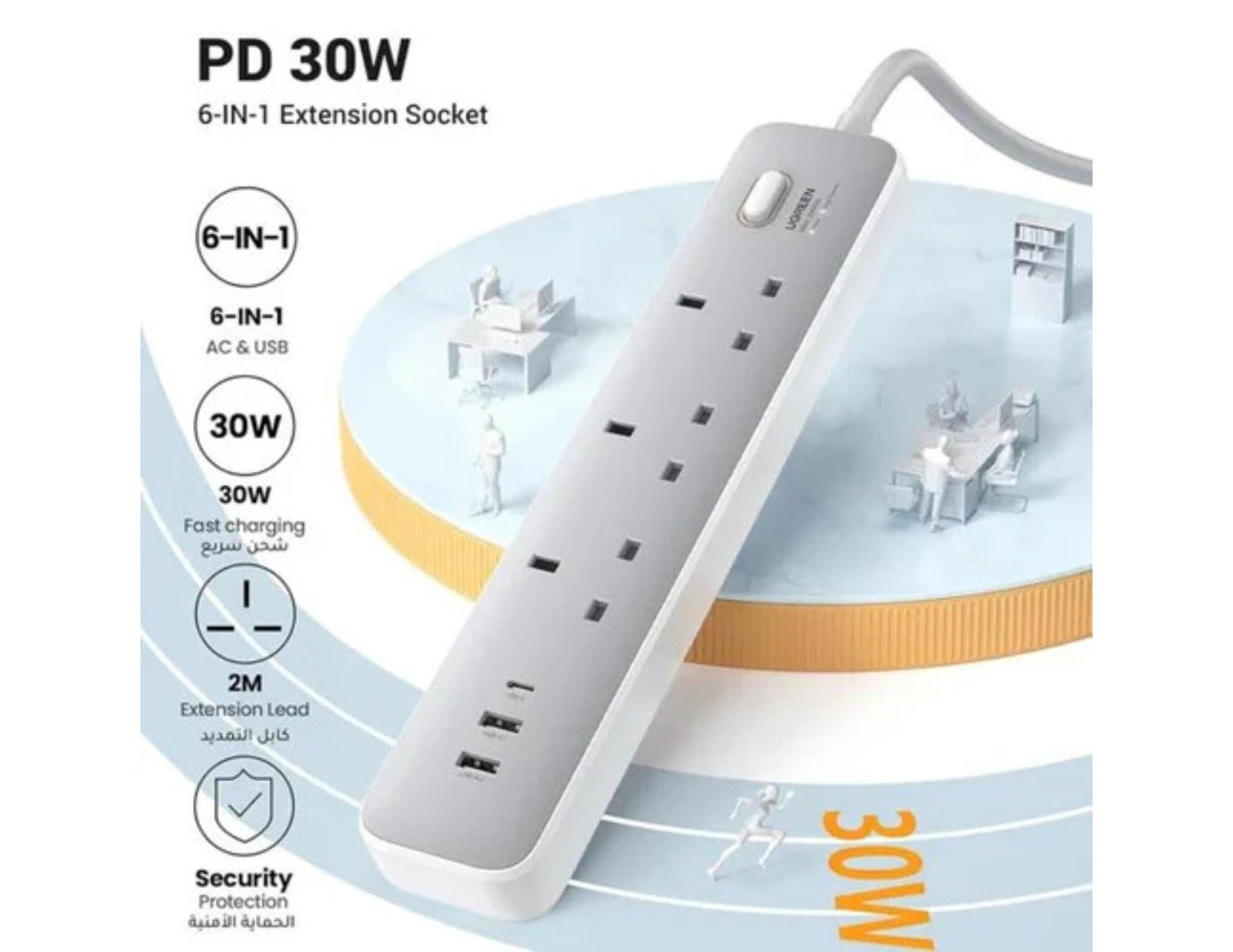 UGREEN 30W 3 AC Power Strip with Master Switch (2A1C) – CD286 on a white background