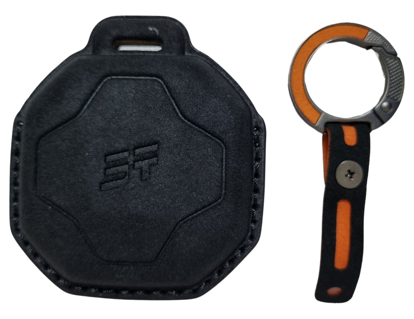 Jetour T2 Car Key Cover – Alcantara / Leather Finish a logo and orange-handled keychain tool on a white background