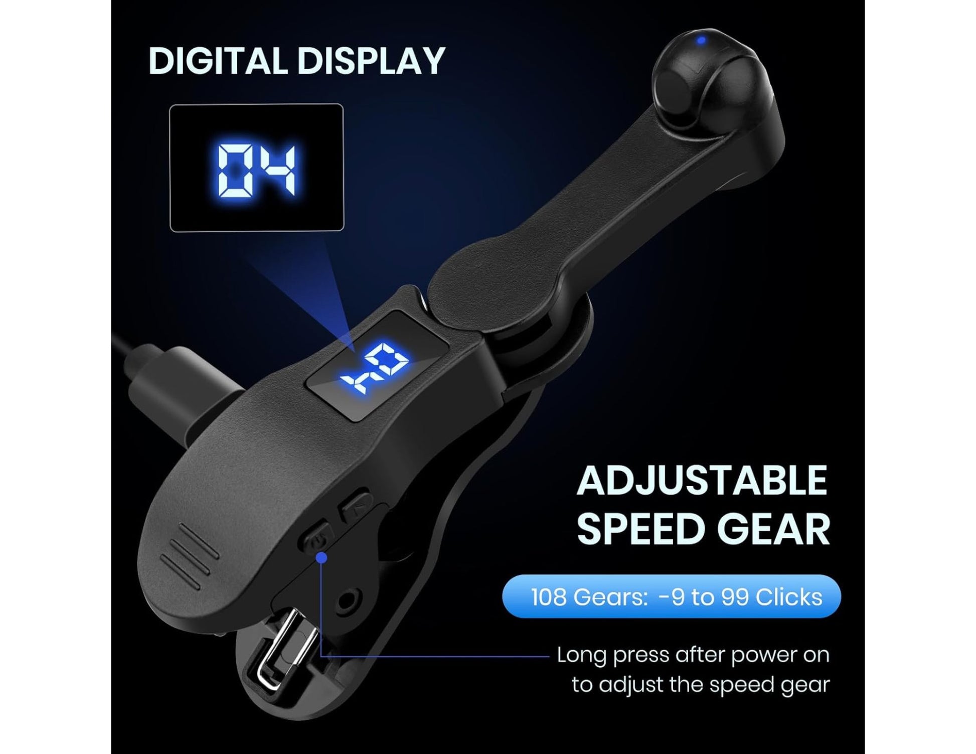 Black electronic device with digital display and adjustable speed gear on a dark background