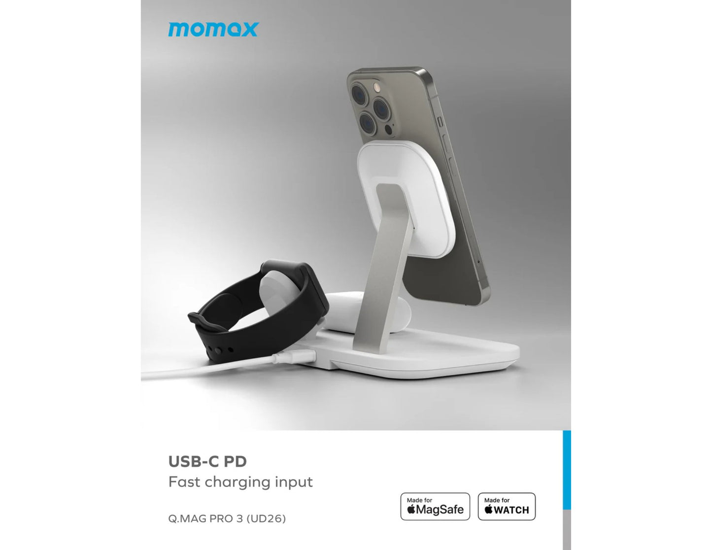 Momax Q.Mag Pro 3 25W 3‑in‑1 MagSafe Wireless Charging Stand – UD26W with phone and watch on a gray background, featuring the momax brand.