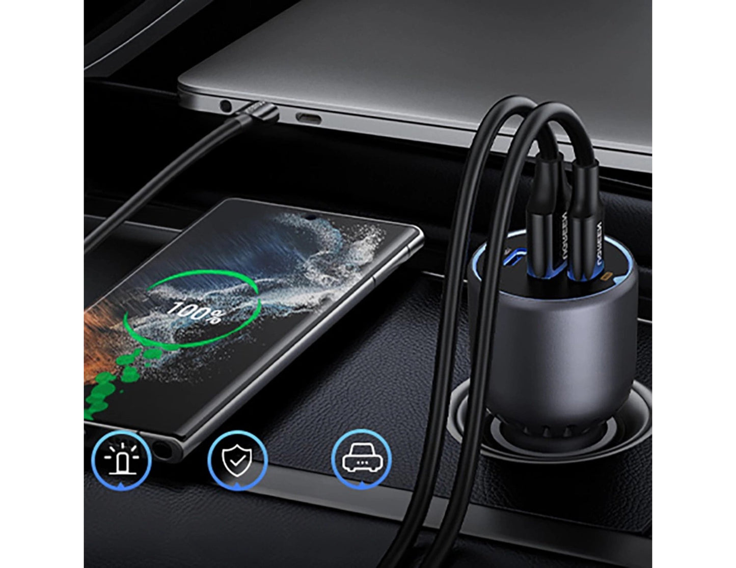 UGREEN 130W Car Charger EC705 - 2 USB-C + USB-A, PD 100W, QC 3.0 (Gray) with smartphone, tablet, and laptop on a dark surface